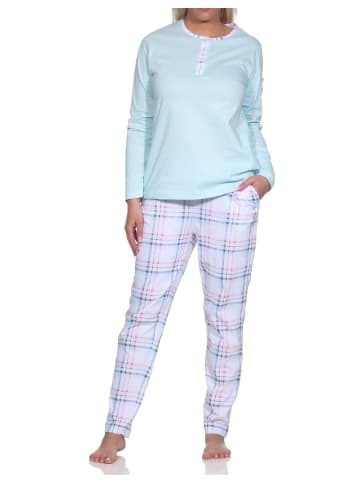 NORMANN Schlafanzug langarm Pyjama karierter Hose Jersey - 78572 in hellblau