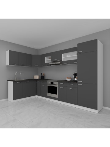 VCM  13-tlg Winkelküche Küchenzeile 328 x 178 cm Esilo in Weiß / Anthrazit