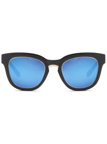 styleBREAKER Nerd Sonnenbrille in Schwarz-Gold / Blau verspiegelt