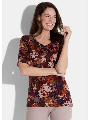 GOLDNER Kurzgröße:  Herbstshirt mit Blätterdesign in marine / bordeaux / gemustert