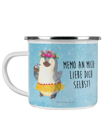 Mr. & Mrs. Panda Camping Emaille Tasse Pinguin Kokosnuss mit Spruch in Eisblau