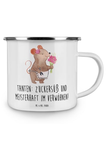 Mr. & Mrs. Panda Camping Emaille Tasse Tante Zuckersüß mit Spruch in Weiß
