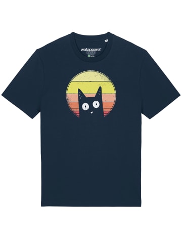 wat? Apparel T-Shirt Sunset Cat in Dunkelblau