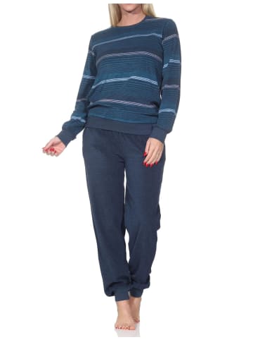 NORMANN Frottee Schlafanzug langarm Bündchen Streifenoptik in blau-mel.