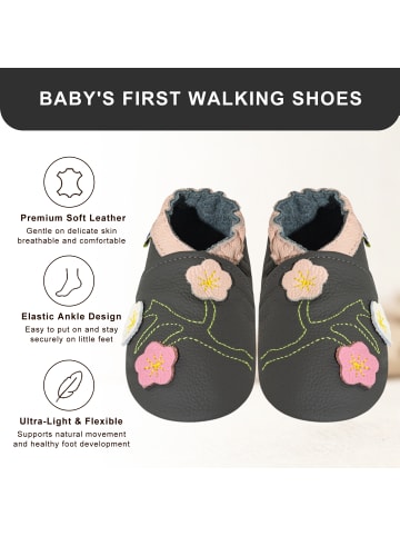 Yalion Krabbelschuh Leder grau Blume Motiv Lauflernschuhe 