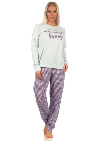 NORMANN langarm Schlafanzug Pyjama Schriftzug und karierter Hose in türkis