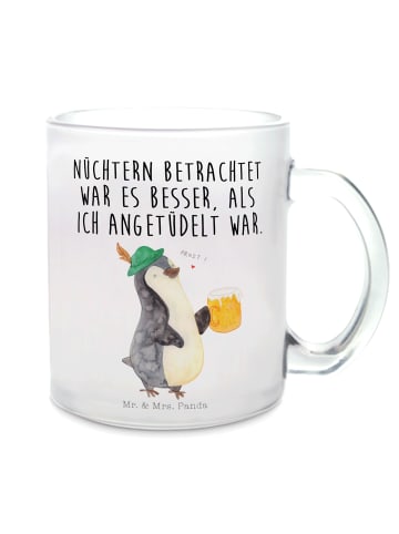 Mr. & Mrs. Panda Teetasse Glas Pinguin Bier mit Spruch in Transparent