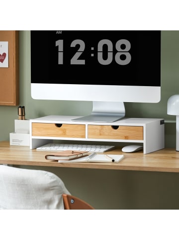 SoBuy Monitorständer in Mattweiß mit Bambusschubladen - (W) 18 x (H) 11 x (L) 47 cm