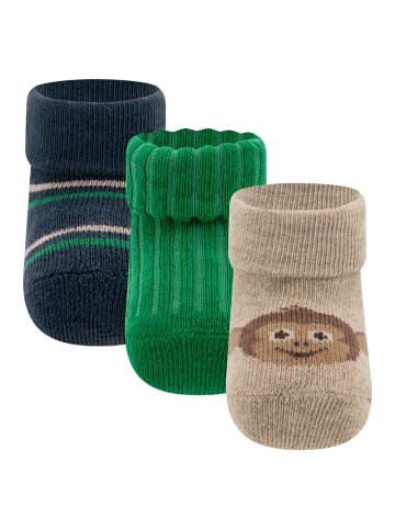 ewers 3er-Set Newborn Socken 3er Pack Äffchen in dkl.beige mel.-smaragd-stahlbl