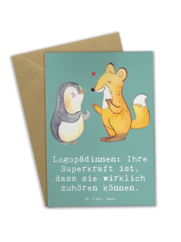 Mr. & Mrs. Panda Grußkarte Logopädin Superkraft mit Spruch in Meeresbrise