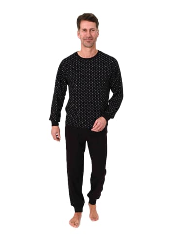 NORMANN Langarm Schlafanzug Pyjama Bündchen Minimalprint in schwarz