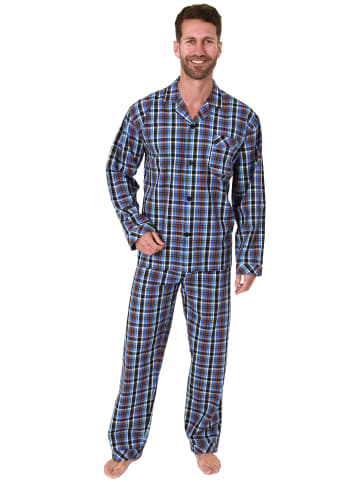 NORMANN Pyjama langarm Schlafanzug gewebt zum Knöpfen Karo Design in blau