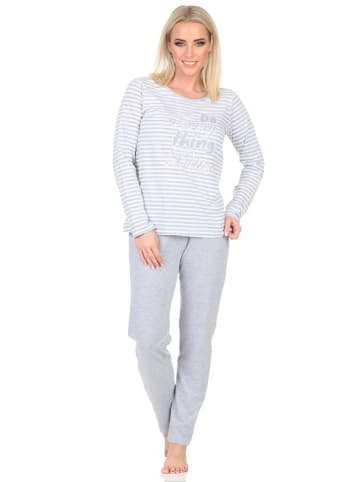 NORMANN Langarm Schlafanzug Pyjama Bündchen Streifen in grau