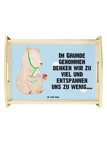 Mr. & Mrs. Panda Holztablett Bär Arzt mit Spruch in Blau Pastell