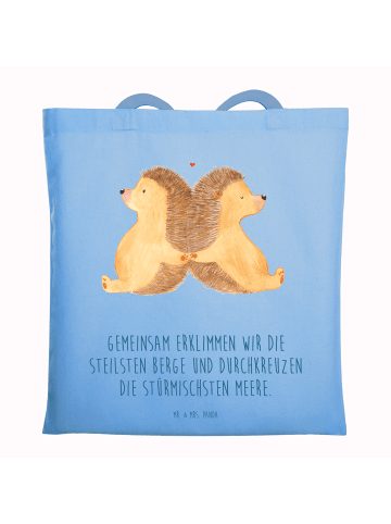 Mr. & Mrs. Panda Tote Bag Igel händchenhaltend mit Spruch in Sky Blue