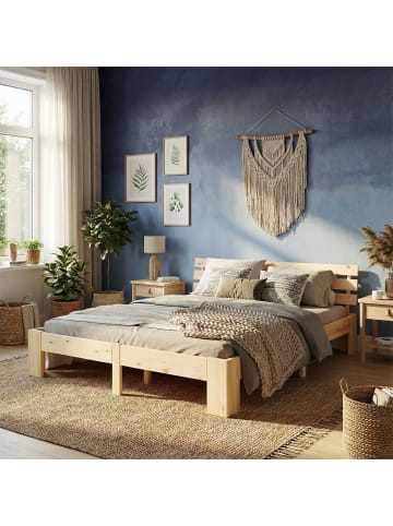 Homestyle4u Holzbett 140x200 mit Lattenrost und Matratze in Braun