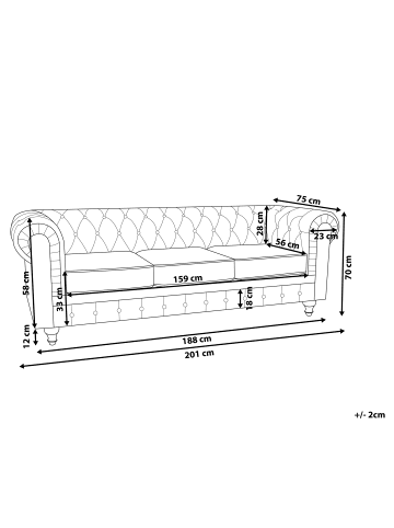 Beliani 3-Sitzer Sofa CHESTERFIELD in Rot/Schwarz - (W) 202 x (H) 70 x (L) 75 cm