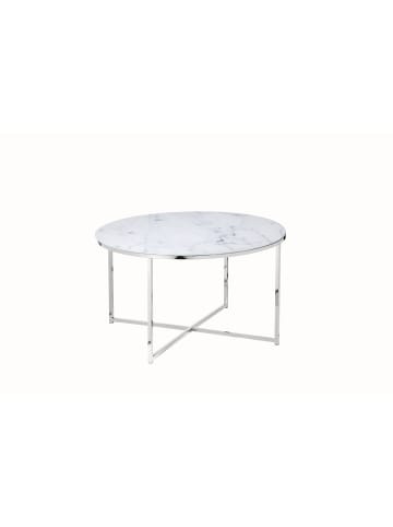 SalesFever Couchtisch rund Ø 80 cm Glasplatte Weiß Marmoroptik Metallgestell in Chromfarben