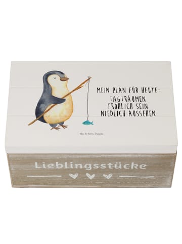 Mr. & Mrs. Panda Holzkiste Pinguin Angler mit Spruch in Weiß