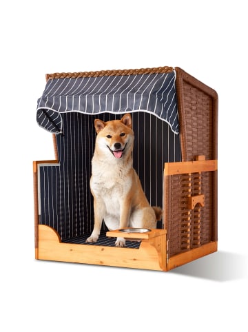 relaxdays Hundestrandkorb "Gestreift" in Dunkelblau / Natur – (B)75 x (H)95 x (T)65 cm