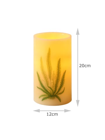 MARELIDA XXL LED Kerze mit Farndruck Echtwachs flackernd in creme - H: 20cm