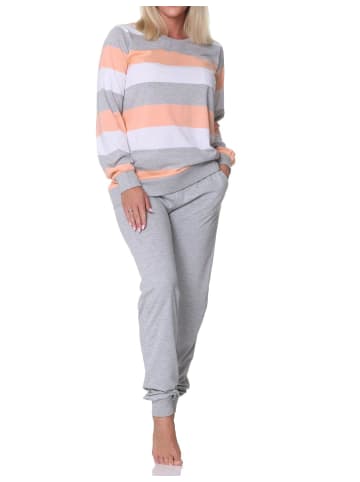 NORMANN Schlafanzug langarm Bündchen Blockstreifen in apricot