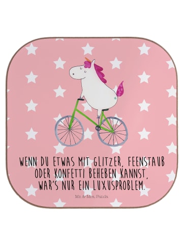 Mr. & Mrs. Panda Glasuntersetzer Einhorn Radfahrer mit Spruch in Rot Pastell