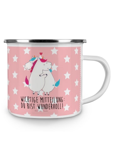 Mr. & Mrs. Panda Camping Emaille Tasse Einhorn Mitteilung mit Sp... in Rot Pastell