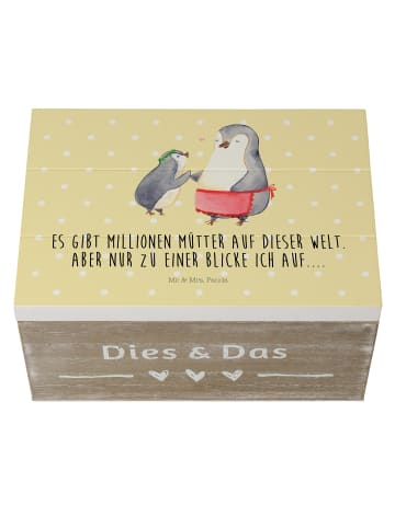 Mr. & Mrs. Panda Holzkiste Pinguin mit Kind mit Spruch in Gelb Pastell