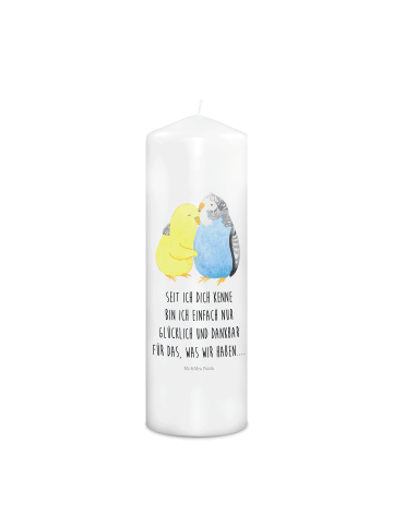 Mr. & Mrs. Panda Adventskerze Wellensittich Liebe mit Spruch in Weiß