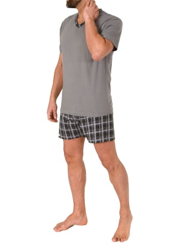 NORMANN Schlafanzug kurzarm Shorty mit karierter Jersey Hose - 86244 in grau