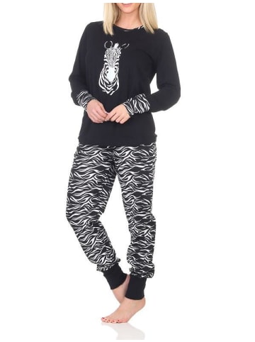 NORMANN Pyjama Schlafanzug Bündchen und Hose Animalprint - 84619 in schwarz