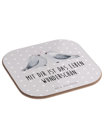 Mr. & Mrs. Panda Glasuntersetzer Turteltauben Liebe mit Spruch in Grau Pastell
