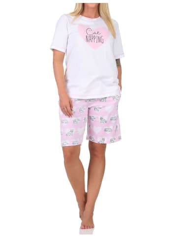 NORMANN Kurzarm Shorty Schlafanzug Pyjama Herz Katzenmotiv 125 205 360 in rosa
