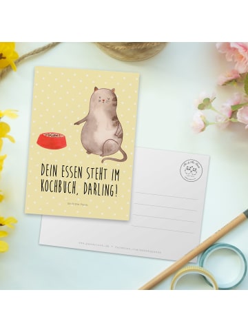 Mr. & Mrs. Panda Ansichtskarte Katze Fressen mit Spruch in Gelb Pastell