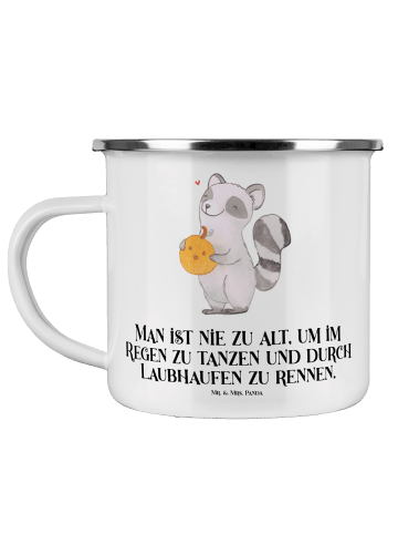 Mr. & Mrs. Panda Camping Emaille Tasse Waschbär Kürbis mit Spruch in Weiß