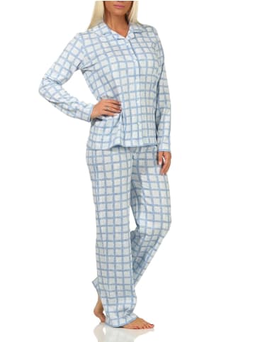 NORMANN Pyjama Jersey zum durchknöpfen Karo - 61819 in hellblau