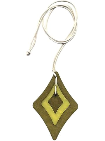 Gallay Kette Kunststoff Rhombus oliv- und lindgrün Kordel beige-natur 90cm lang in grün