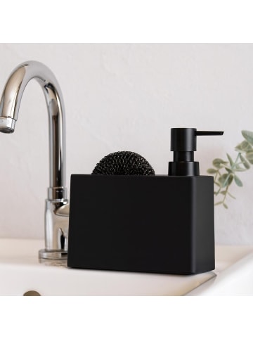 Excellent Houseware Seifenspender mit Schwammhalter GRAIN aus Dolomit in Schwarz