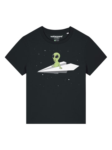 wat? Apparel T-Shirt Alien on a paper plane in Schwarz