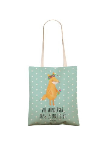 Mr. & Mrs. Panda Tote Bag Fuchs Blumen mit Spruch in Türkis Pastell