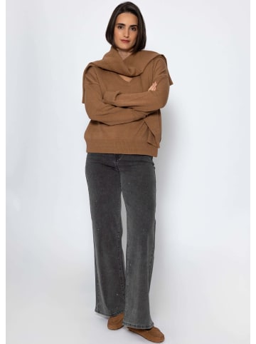 SASSYCLASSY Oversize Baumwoll-Pullover mit tiefem V-Ausschnitt in Braun