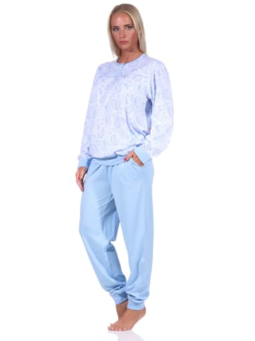 NORMANN Pyjama Schlafanzug Bündchen und Knopfleiste am Hals Paisley Design in hellblau