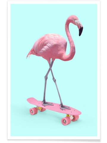 Juniqe Poster "Skate Flamingo" in Blau & Rosa