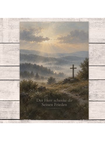 Trauerkarte Kreuz friedvoll Design mit Spruch in Weiß