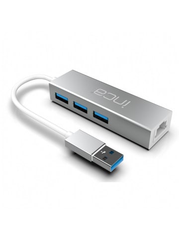 Inca INCA USB-Hub X4 USB 3.0 + Ethernet RJ45 USB-Multiport USB-Adapter in Silber