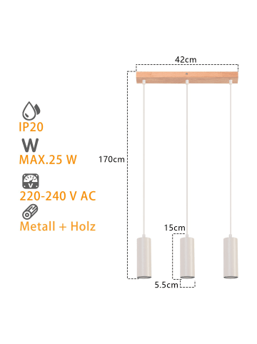 ZMH Pendelleuchte in Weiß 3-flammige GU10 Holz Vintage