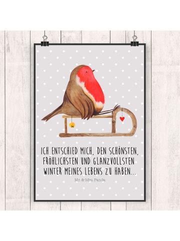 Mr. & Mrs. Panda Poster Rotkehlchen Schlitten mit Spruch in Grau Pastell