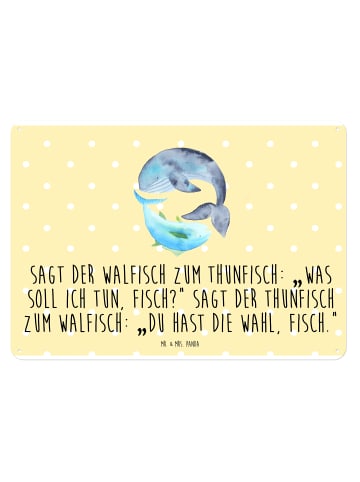 Mr. & Mrs. Panda Vintage Blechschild Walfisch Thunfisch mit Spruch in Gelb Pastell