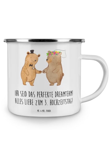 Mr. & Mrs. Panda Camping Emaille Tasse 3. Hochzeitstag Lederhoch... in Weiß